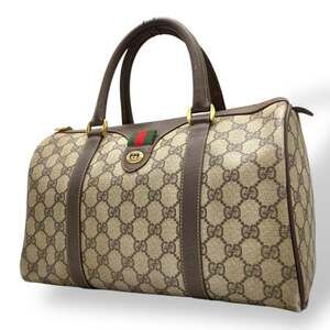 Gucci Old Sherry Line GG Supreme Mini Boston Bag Leather Beige Brown Gold Har...